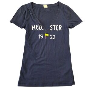 Hollister Womens Navy Blue V-Neck Y2k T-Shirt S 2000s Bratz Preppy Casual Tight